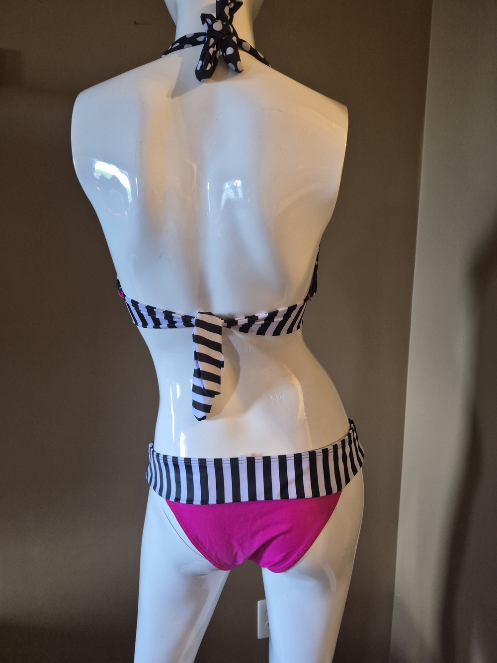 Polka Dot & Stripe Halter Bikini Set in Black and Hot Pink - Picture 2 of 2